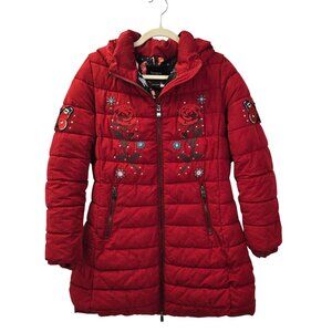 Desigual Embroidered and Studded Padded Flash Red Puffer Jacket Size 44/XL